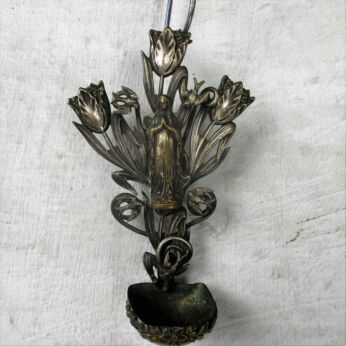 Holy Water Font Vessel Wall Hanging Virgin Mary Tulips Swallows Gorgeous Spelter