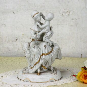 Bisque Porcelain White Statue Figurine Mother and Child Victorian Style 8.26"