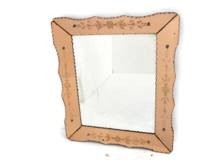 Large Art Deco Nouveau Wall Hanging Ornate Mirror Vanity Dresser Hallway Clear Cut to Clear Pink Glass Beautiful