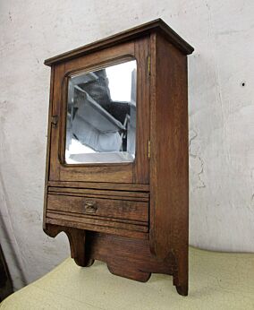 50s Hand Carved Oak Kitchen Apothecary Wall Cabinet Beveled Glass mirror