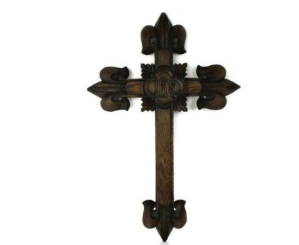 XL French France Hanging Hand Carved Wooden Wall Crucifix Church Chapel Fleur de Lys Lis 28.93"