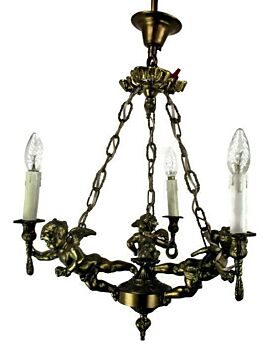 French Bronze Chandelier 3 Lights Arms Putti Cherub Hollywood Regency Romantic