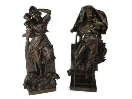 Two Sculpture Statue Faux Bronze Water and Fire   Woman saving Child from Water Fireman saving Child from Fire WOW