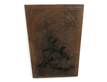 Antique hand Carved Door Panel Hunting Scene Eagle Reclaimed Architectural
