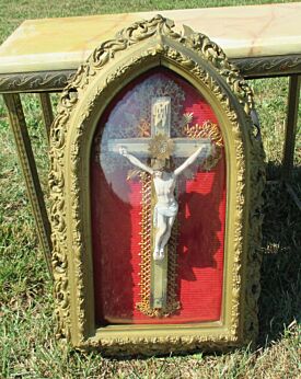 Antique French Framed Wall Crucifix Cross Convex Glass Hand Carved Chapel Form