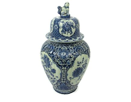 Large Royal Sphinx Maastricht Delft Vase Urn Marked Blue White Foo Dog 18.50"