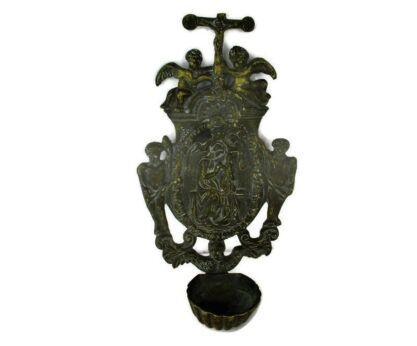 Large Brass Embossed Holy Water Font Angels Virgin Mary Infant Wall Hanging Crucifix HTF