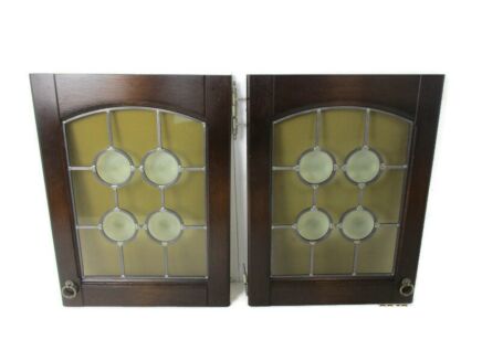 pair Vintage Carved Wood Door Panels Reclaimed Architectural Leaded Glass Leicht