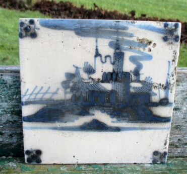 Antique 19th C. Delft  Tile Dutch Blue White Landscape Church House