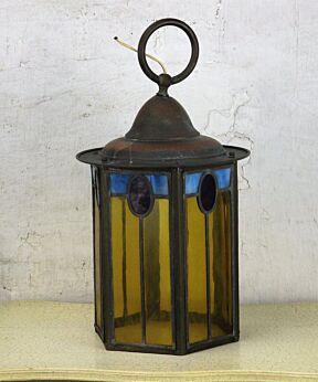 Vintage Lantern Leaded Multicolored Glass Chandelier Pendant Shade Metal