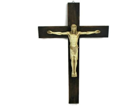 Large Hand Carved Wood Hanging Ornate Crucifix Gorgeous Plaster Modernist Dramatic Corpus Jesus Christ 25.59"