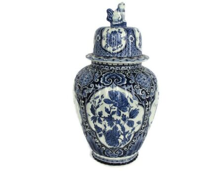 Large Royal Sphinx Maastricht Delft Vase Urn Marked Blue White Foo Dog 17.71"