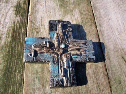Small Mid Century Design Ceramic Modernist Crucifix Blue Glazed Rare Lovely