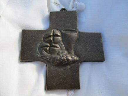 Small Bronze Hanging Crucifix Last supper Wine Bread Lovely
