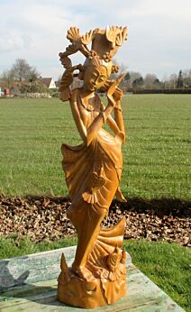 Large Figurine Statue Carved Wood Asian Indonesian Woman Goddess Birds Lovely