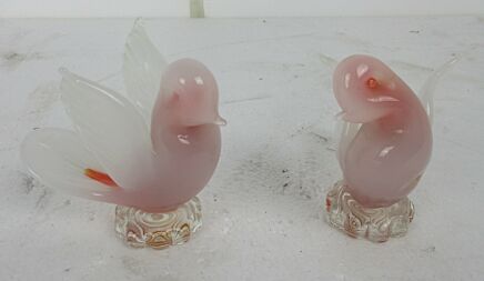 Pair Vintage 1940/50s Murano Seguso pink alabastro glass love birds doves