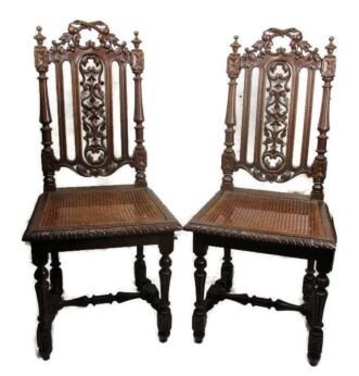 Couple Antique Ornate Hand carved Wooden Hunter Chairs rush Cane Edwardian