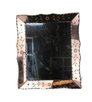 Venetian Mirror Ornate Etched Cut to Clear Glass Panels Pink Clear Art Nouveau