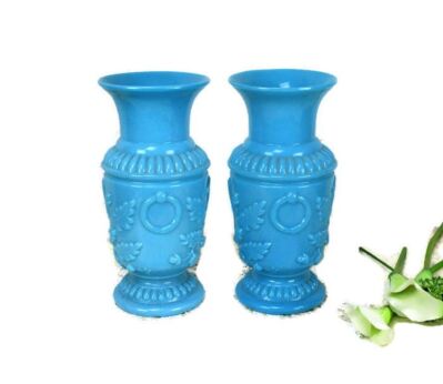 Couple Pair Glass Paste Vases  Pate de verre Vallerysthal Blue Lovely 3D pattern