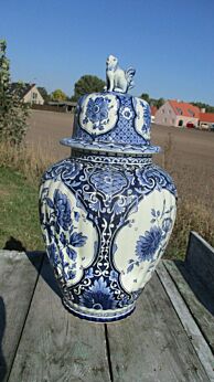 Large Petrus Regout Maastricht Delft Vase Urn Marked Blue White Foo Dog