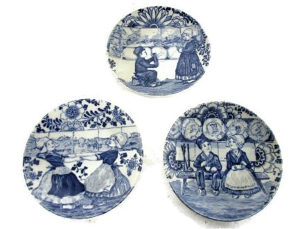 set of 3 Lovely Boch Plates Decorative Blue White small plates Dutch Children Playing Nostalgic Delft Blue
