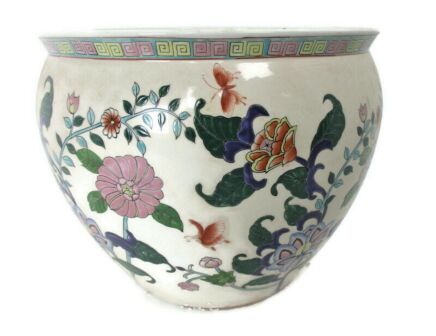 XL Vintage Chinese Porcelain Enamel Famille Rose Koi Fish Bowl Planter Vase  Cachepot Flowers Flowers    Stunning