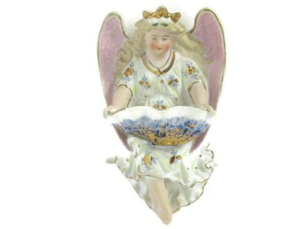 porcelain Bisque Holy Water Font Vessel Angel  Wall Hanging Vintage