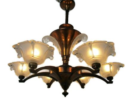 Art Deco Nouveau Chandelier 7 Arms Lights Bell Shades Brass Glass Stunning