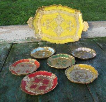 Italian Mid Century Hollywood Regency Florentine 6 coasters Tray gold gilt