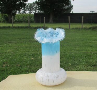 Handmade hand blown Vase Swirled Ruffled Edge French Azure Blue White