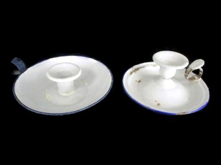 Two Vintage Enamel Candle Holders French France White Blue Rustic Barn Style