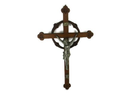 XL Hand Carved Wood Oak Hanging Ornate Church Chapel Crucifix French Fleur de Lis Faux Brass Spelter  Corpus 28.34"