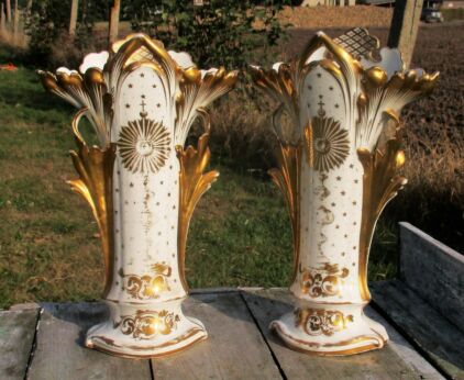 XL Couple Antique Vieux Paris Porcelain Fan Flair Vases Church Chapel