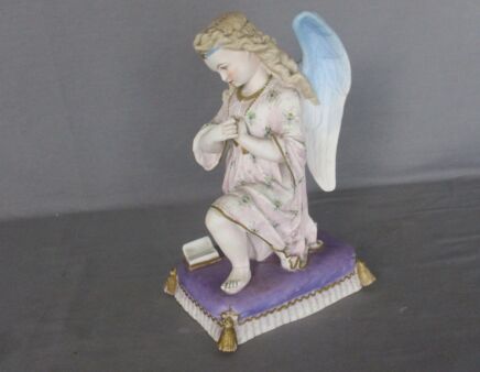 French Porcelain Angel Bisque Statue Figurine Beautiful 9.44" Antique Marked Polychrome