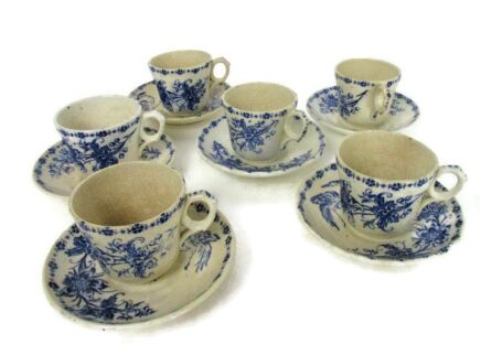 Antique Set of 6 cups and Saucers Heron Flowers Blue White HTF