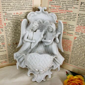 French Holy Water Font Angels Playing Music Bisque Porcelain Bisque HTF 9.2"