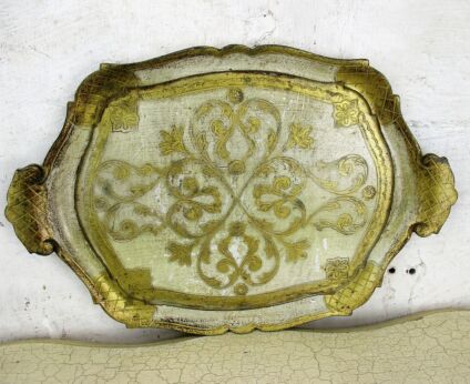 Mid Century Hollywood Regency Florentine Serving Tray White Gold Resin Handles