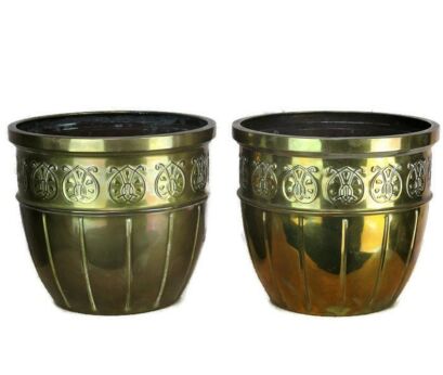 Two Vintage Brass Planters Jardinieres flower pots Ornate Embossed
