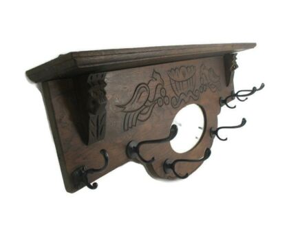 Antique Gorgeous Oval Beveled Glass Mirror Hand Carved Wood Coat Rack Birds Lion heads WOW