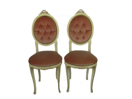 two pair couple Parlor Chairs French Provincial Hobnails Pink Fabric crackled white