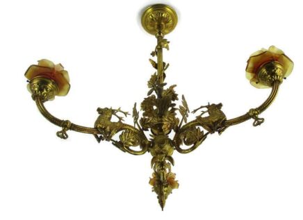 French Impressive Chandelier Bronze Doré 3 Lights Arm Ornate Deer Glass Shade
