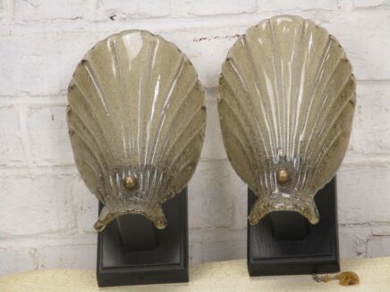Pair Mid Century Murano Gold Flecks Glass Leaf Wall Sconces Barovier & Toso