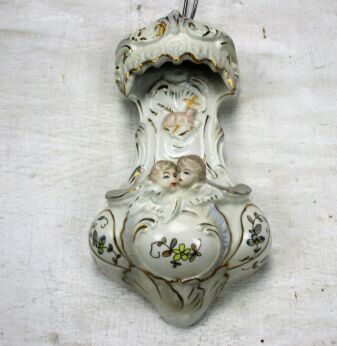 Antique French Holy Water Font Lamb of God Bisque Porcelain Angel Collector HTF