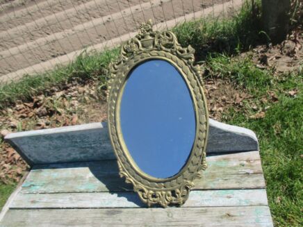 Vintage Small Brass Oval Ornate Wall Hanging Mirror Hollywood Regency Style