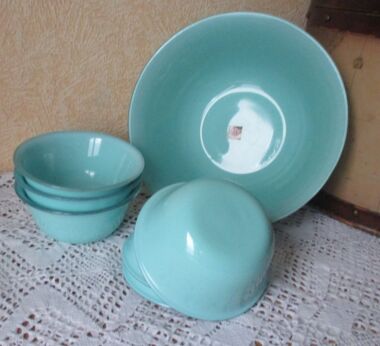 Vintage Retro Cased Glass Opaline set of Bowls San Marco Germany Green Blue 7 pieces