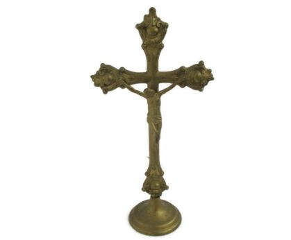French Embossed Brass Standing Crucifix Ornate Lovely Jesus Christ Vintage 14.37"