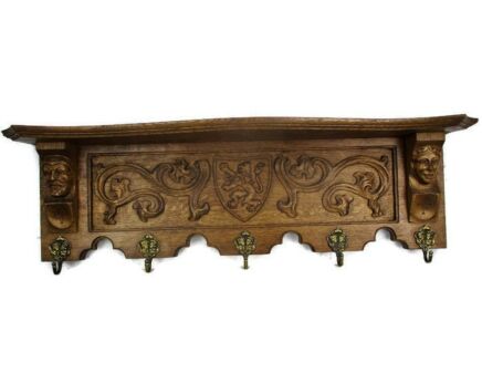 Gothic Gorgeous Hand Carved Wood Oak Coat Hat Rack Flanders Lion Figurine Heads