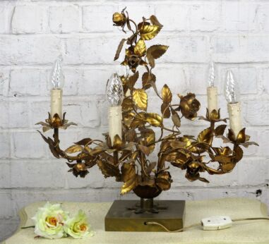 Hollywood Regency Table Lamp Roses Leafs Gold Gilt Metal Tole Italian 5 lights