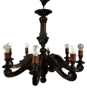 Large Hand Carved Ornate wood Chandelier 8 lights arms Ceiling Light Mid Century