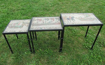 Unique Natural Stone Hand Made Wrought Iron Nesting Tables Tapestry Bayeux Scene